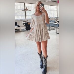 Amazing Lace Sequin Babydoll Dress Champagne